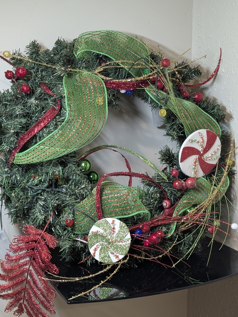 Green & Red Holiday Wreath with Festive Ornaments